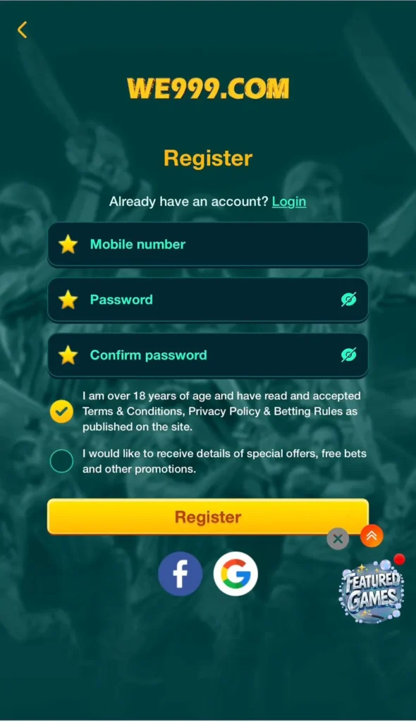 we999 game account setup screenshot